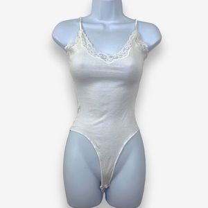 DKNY Intimates Women's Opaque lace cotton Bodysuit Snap Cami Shirt Top white P